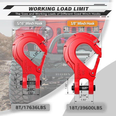 Comparison of 5/16 and Beefy Three Eighths Inch Clevis Slip Hook With Safety Latch Heavy Duty Winch Hook Stopper Grade Seventy