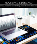 Blue Large Gaming Mouse Pad Desk Mat XL 31.5 Inch By 11.8 Inch For Gaming And Work Wide Surface To Hold Keyboard And Laptop Non Slip Smooth Finish Go To Console Style Desk Accessory Setup Essential with laptop and coffee cup on desk.