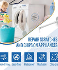 White Appliance Touch Up Paint Pen With High Gloss Finish For Refrigerator, Washer, Dryer, Dishwasher And Microwave Quick Dry Chip Resistant Water And Heat Safe Scratch Repair displayed next to a washer in use.