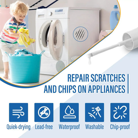 White Appliance Touch Up Paint Pen With High Gloss Finish For Refrigerator, Washer, Dryer, Dishwasher And Microwave Quick Dry Chip Resistant Water And Heat Safe Scratch Repair displayed next to a washer in use.