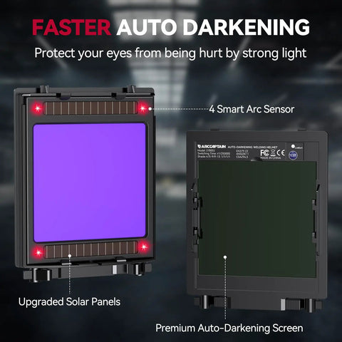 Close-up of Auto Darkening Welding Helmet With 180 Degree Panoramic View Side View Windows True Color Display 4 Arc Sensors shown