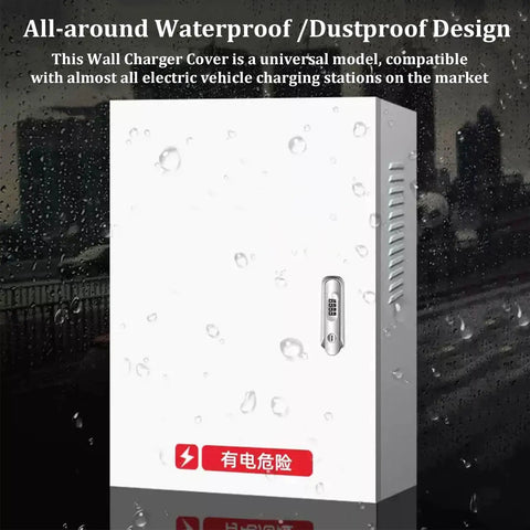 Built Tough Universal EV Charger Cover With Heavy Duty Mounting Post Waterproof Outdoor Steel Enclosure, displaying water droplets.