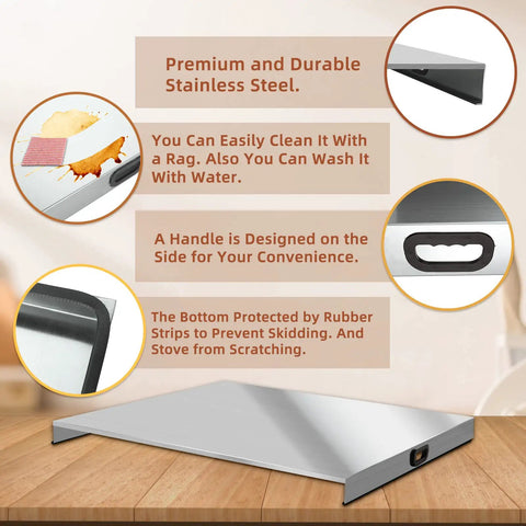 Stainless Steel Stove Top Cover Noodle Board Kitchen Organizer For Gas And Electric Stoves Expands Counter Space And Doubles As A Cutting Board Sink Cover 30 By 22 By 3 Inches Silver with handle and rubber strips details.