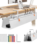 Under Desk Cable Management Tray With Clamp No Drill 36 Inch Cord Organizer installed under desk, holding cables and power strip.