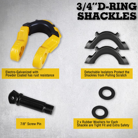 Components of the Beefy Off Road Winch Recovery Kit 8 Piece Set With 4x20 Tow Strap 4x8 Tree Saver showing D-ring shackles