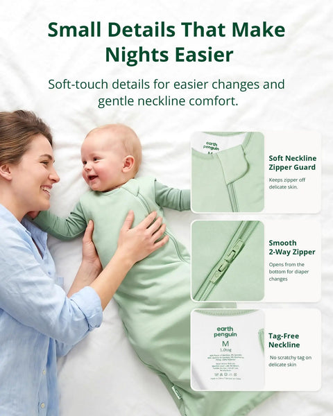 Ultra Soft Bamboo Viscose Baby Sleep Sack For 6 To 18 Months, 1.0 Tog, Two Pack showing comfortable neckline and zipper