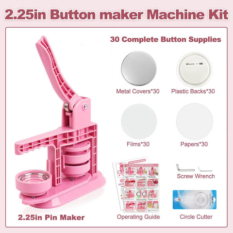 Blush Pink Button Maker Machine 58mm Pin Badge Press Tool With 30 Complete Sets And Sharp Cutter, 2.25in badge maker kit.