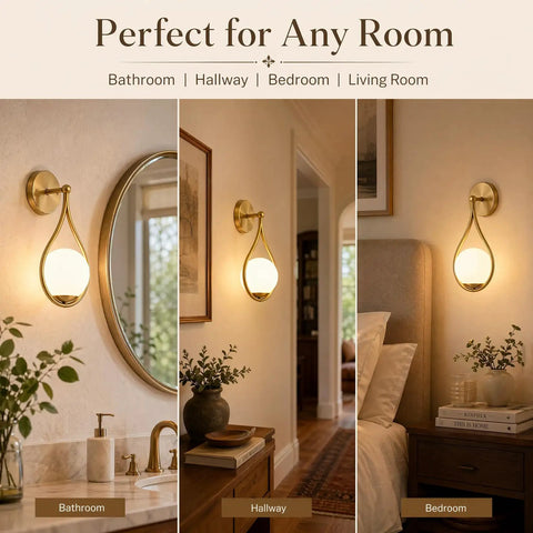Lit Mid Century Modern Wall Sconces Set Of 2 with globe glass shades in antique brass finish shown in bathroom, hallway, bedroom