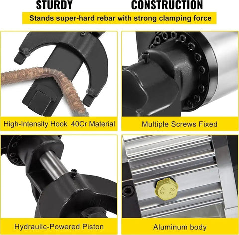 Close-up of Gotta Get This Sweet 1.5 Kilowatt Electric Rebar Cutter Bender Combo Tool showing hydraulic piston and aluminum body.