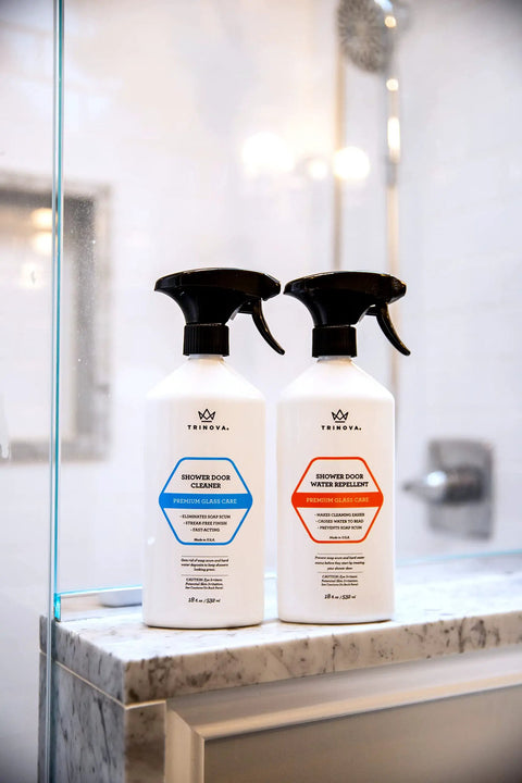 Shower Door Glass Protectant That Makes Water Bead Off, A Water Repellent Sealant For Glass Doors, Stops Soap Scum And Hard Water Build Up, Quick, Easy To Apply, 18 Fl Oz bottles set on bathroom counter