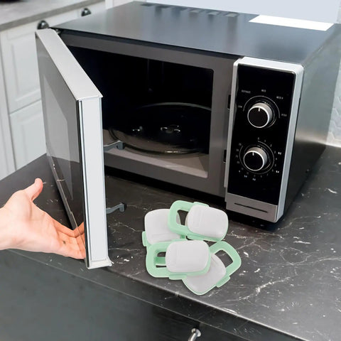 Microwave with hand nearby and Sturdy 4 Pack Oven Door Locks For Cabinets And Appliances, Kid Safe Kitchen Safety Locks, Easy Install, Light Green