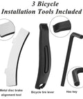 3 installation tools including metal disc brake alignment tool, bicycle tire lever, and hex key for MTB brake pad kit