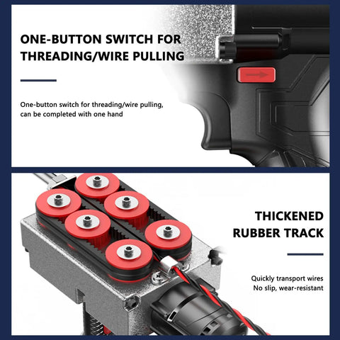 One-button switch and thickened rubber track of Badass Hustle Ready Cordless Wire Puller for smooth wire pulling.