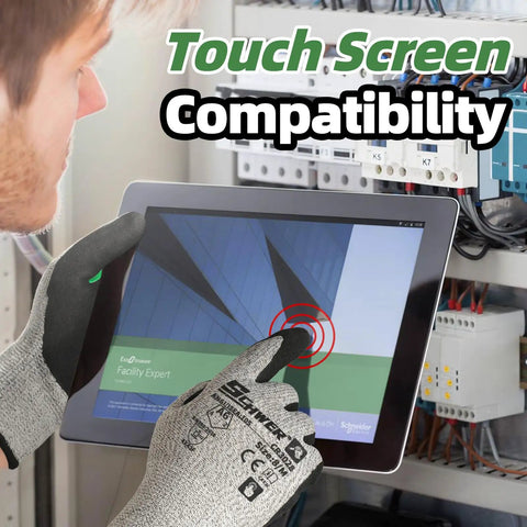 Person using a touchscreen device wearing 12 Pairs ANSI A6 Cut Resistant Work Gloves With Sandy Nitrile Coating, Reinforced Thumb, Non Slip Grip.