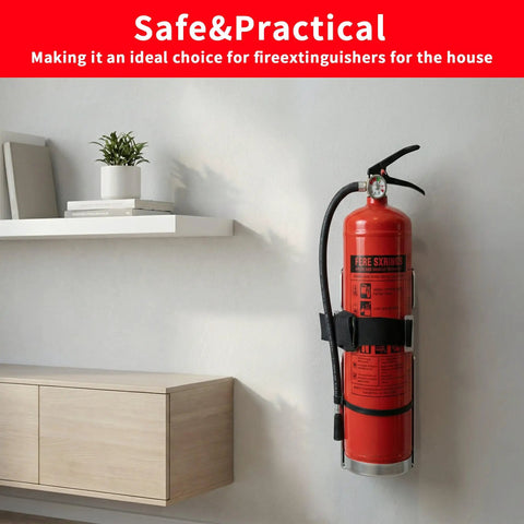 Sturdy Stainless Steel Fire Extinguisher Bracket For Wall Mounts And Car Or Boat Use installed in a modern office setting.
