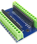 Rock Solid Screw Terminal Block Shield For Arduino Nano with green clamp terminals on blue PCB, top view.