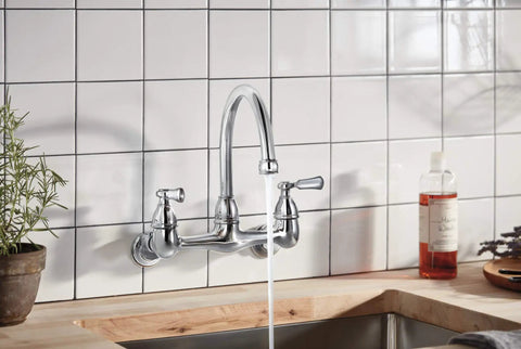 Elmhurst Two Handle Wall Mount Kitchen Faucet Chrome With 8 Inch Spout Reach 360 Degree Swivel ADA Compliant Fits Two Hole 8 Inch Centers Half Inch NPT Inlets High Arc Gooseneck