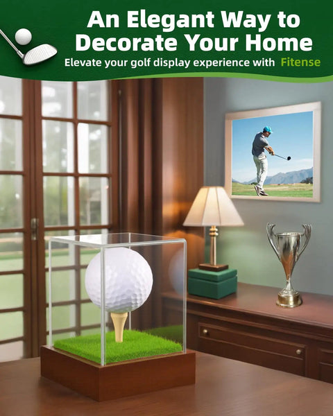 Epic Golf Ball Display Case With Clear Acrylic Cube And Solid Wood Base on desk in elegant golf-themed room.