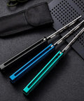 Three folding knives with T6061 channel handles in black, blue, and green, showcasing Integrated Forging Bushing System Flip Knife design.