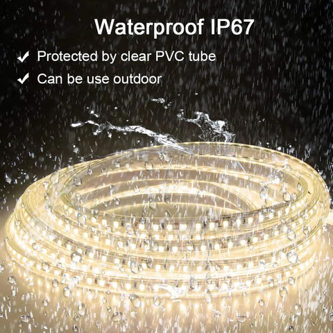 Waterproof LED Rope Lights 32.8Ft Ultra Bright 1200 LEDs 2835SMD 24V DC Warm White 3500K shown in rain with IP67 protection