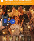 Group of friends enjoying backyard party with Lit Dimmer Enabled Outdoor String Lights 100Ft LED Patio With App Control displayed.