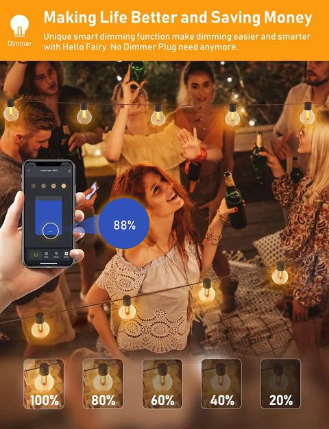Group of friends enjoying backyard party with Lit Dimmer Enabled Outdoor String Lights 100Ft LED Patio With App Control displayed.