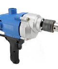 Heavy Duty Corded Mixing Drill With Six Speed Settings Up To Three Thousand Rpm side view showing blue and silver body.