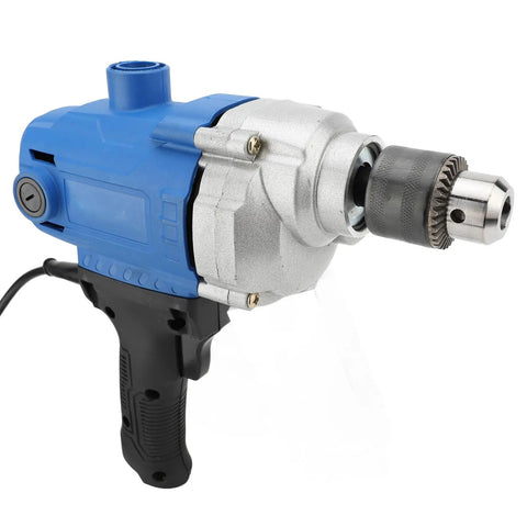 Heavy Duty Corded Mixing Drill With Six Speed Settings Up To Three Thousand Rpm side view showing blue and silver body.