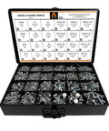 Rugged 1275 Piece Hardware Drawer Kit With Grade 5 Hex Head Bolts Nuts And SAE Washers in black metal storage box open view
