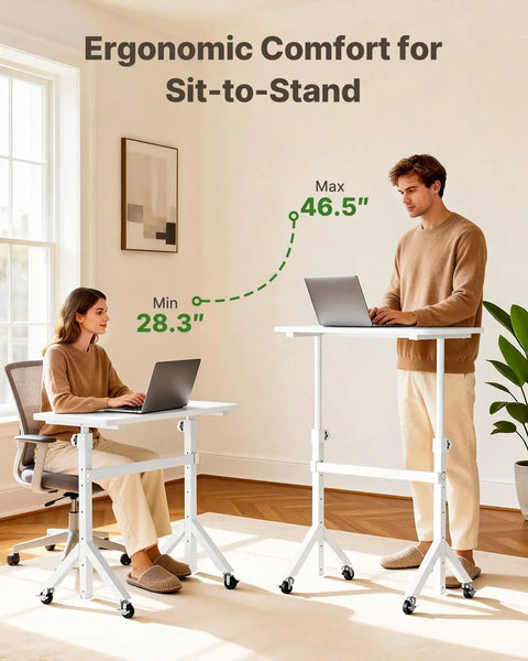 Sit Stand Mobile Desk With Wheels Adjustable Height From 28.3 To 46.5 Inches Rolling Standing Desk With Lockable Wheels Portable White Desk For Walking Pad And Treadmill in use by two people, one seated and one standing.