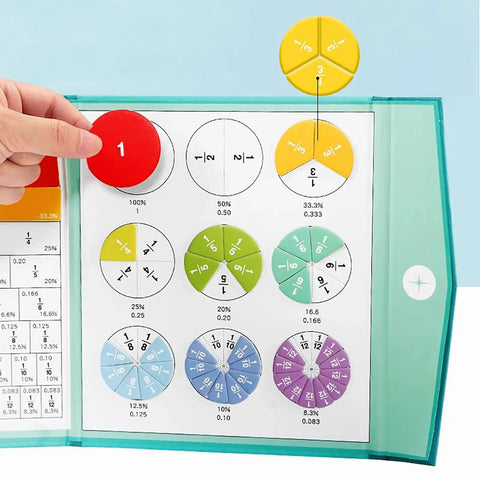 Hands On Magnetic Fraction Kit For Kids With 102 Piece Tiles And Discs, user placing red fraction disc on board.