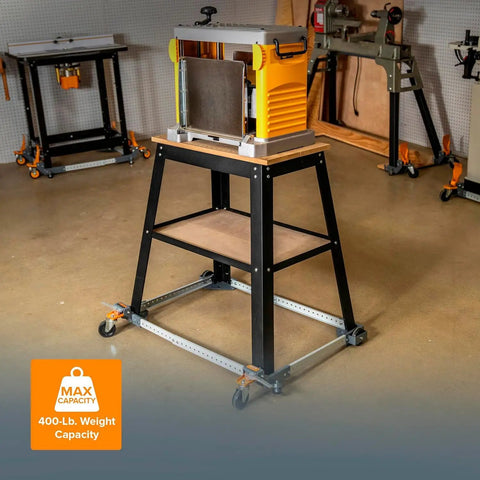 Adjustable Universal Mobile Base for Heavy Tools, 400 lbs capacity, shown with table saw in garage or shop setup.