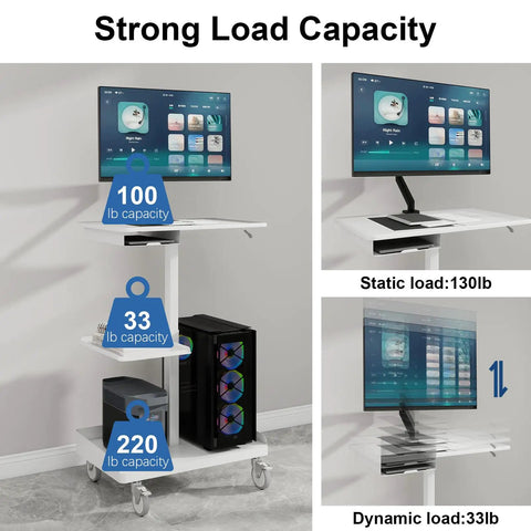 Heavy Duty White Rolling Mobile Workstation Cart With Smooth Gas Spring Height Adjustment For Sit Stand Daily Grind featuring load capacity details.