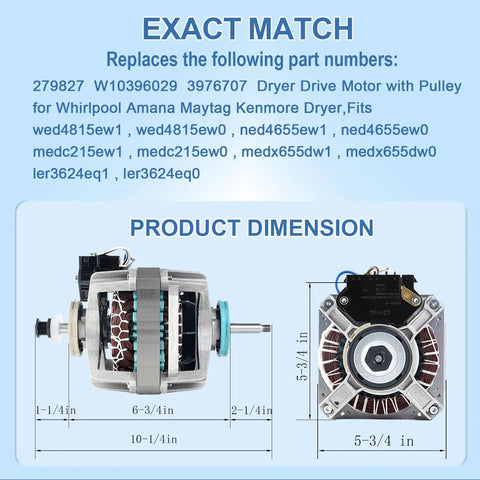 Dryer Drive Motor With Pulley Replacement For Amana Maytag Kenmore 110 Series, dimensions illustration, side and front view.