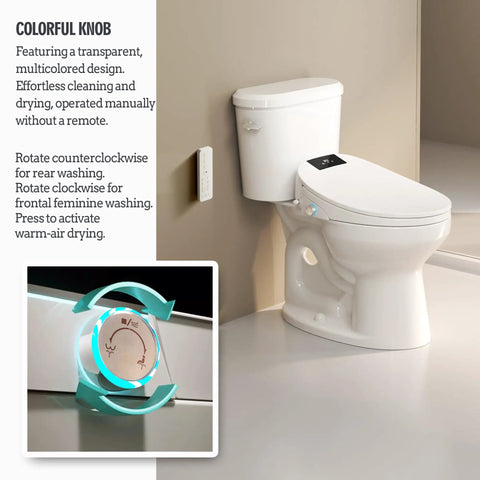 Upgraded Elongated Bidet Toilet Seat With Adjustable Warm Wash And Hot Air Dryer Featuring Self Cleaning Nozzle And Smart Remote For Smooth Bathroom Refresh Vibes, showing colorful control knob for manual operation.