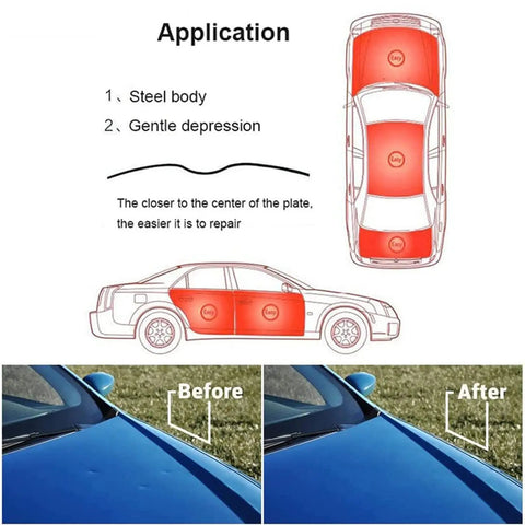 Paintless Dent Removal Kit For Cars And DIY Projects Easy Dent Puller Tool With Induction Heater Hot Box For Car Body Repairs Hail Damage Soft Dents No Paint Damage Blue. Application diagram showing dent locations on car and before-after repair images.