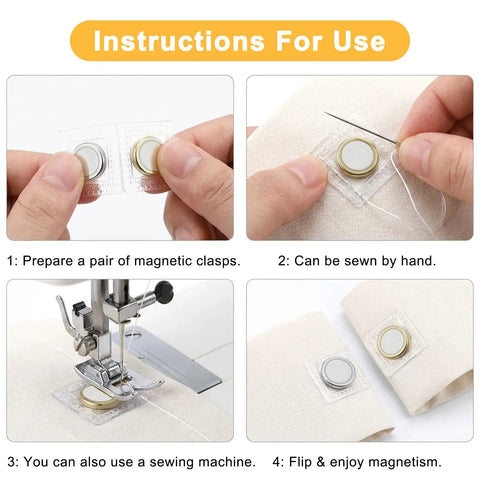 Instructions for use of Sleeper Quality 32 Pair Hidden Magnetic Snaps 64 Piece Invisible Clasp Kit. Sewing tips and steps included.