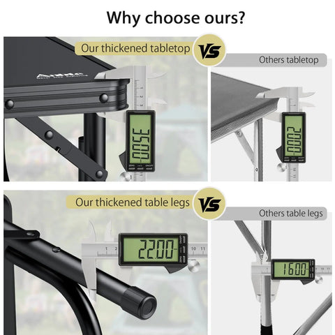 Comparison of thickened table legs and tabletop of Three Foot Low Folding Picnic Table With Thick Aluminum Build, 10.3 Inch High.