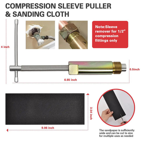 6 Piece Plumbing Tools Kit With Angle Stop Wrench Half Inch Compression Sleeve Puller Sandpaper And Storage Bag components.