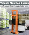 Electric Pallet Stacker With Fixed Legs For Lifting Heavy Loads Up To 1300 Lbs And 63 Inches High lifting rolls in a truck bed.