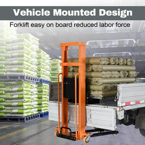 Electric Pallet Stacker With Fixed Legs For Lifting Heavy Loads Up To 1300 Lbs And 63 Inches High lifting rolls in a truck bed.