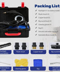 Packing list of No Sweat High Pressure Steam Cleaner 1700W includes brushes, gloves, and nozzles for effective cleaning.