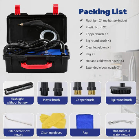 Packing list of No Sweat High Pressure Steam Cleaner 1700W includes brushes, gloves, and nozzles for effective cleaning.