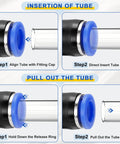 Diagram showing insertion and removal of tubes in Y Splitter Push To Connect Fittings 2 Pack Three Way Pneumatic Union Fittings.