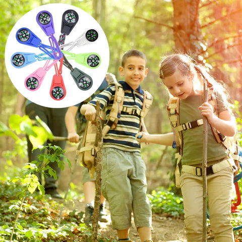 Kids hiking with backpacks and Kids Mini Compass Keychain Pack, 10 Pieces, Paracord Survival Compasses, colorful button style displayed.