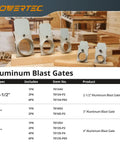 4 Inch Aluminum Blast Gate Set Of 6 for Dust Collection System displayed with various sizes in a workshop setting.