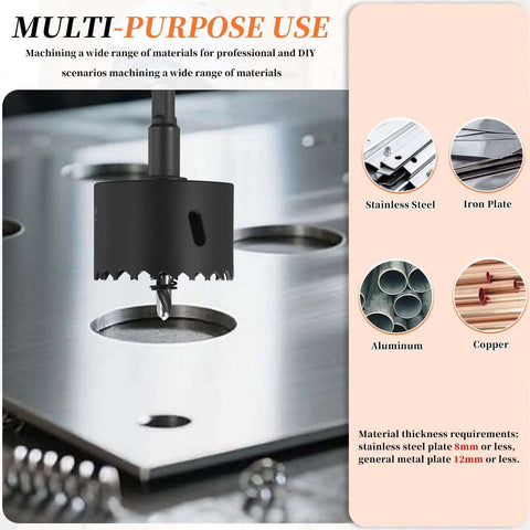 Front view: METALLIXITY bi-metal hole saw, 52mm, with center drill bit, mounted on a drill for cutting stainless steel.