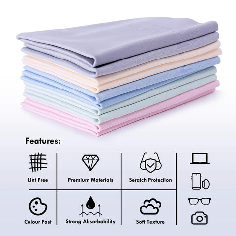 Front view of pastel microfiber glasses cleaning cloths stacked in a multicolor set