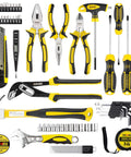 62 Piece Homeowner Tool Kit with wrench, pliers, screwdrivers, durable chrome finish steel tools, TPR grips displayed side by side.