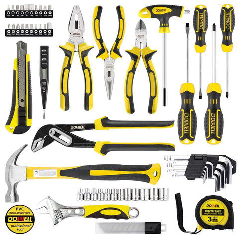 62 Piece Homeowner Tool Kit with wrench, pliers, screwdrivers, durable chrome finish steel tools, TPR grips displayed side by side.